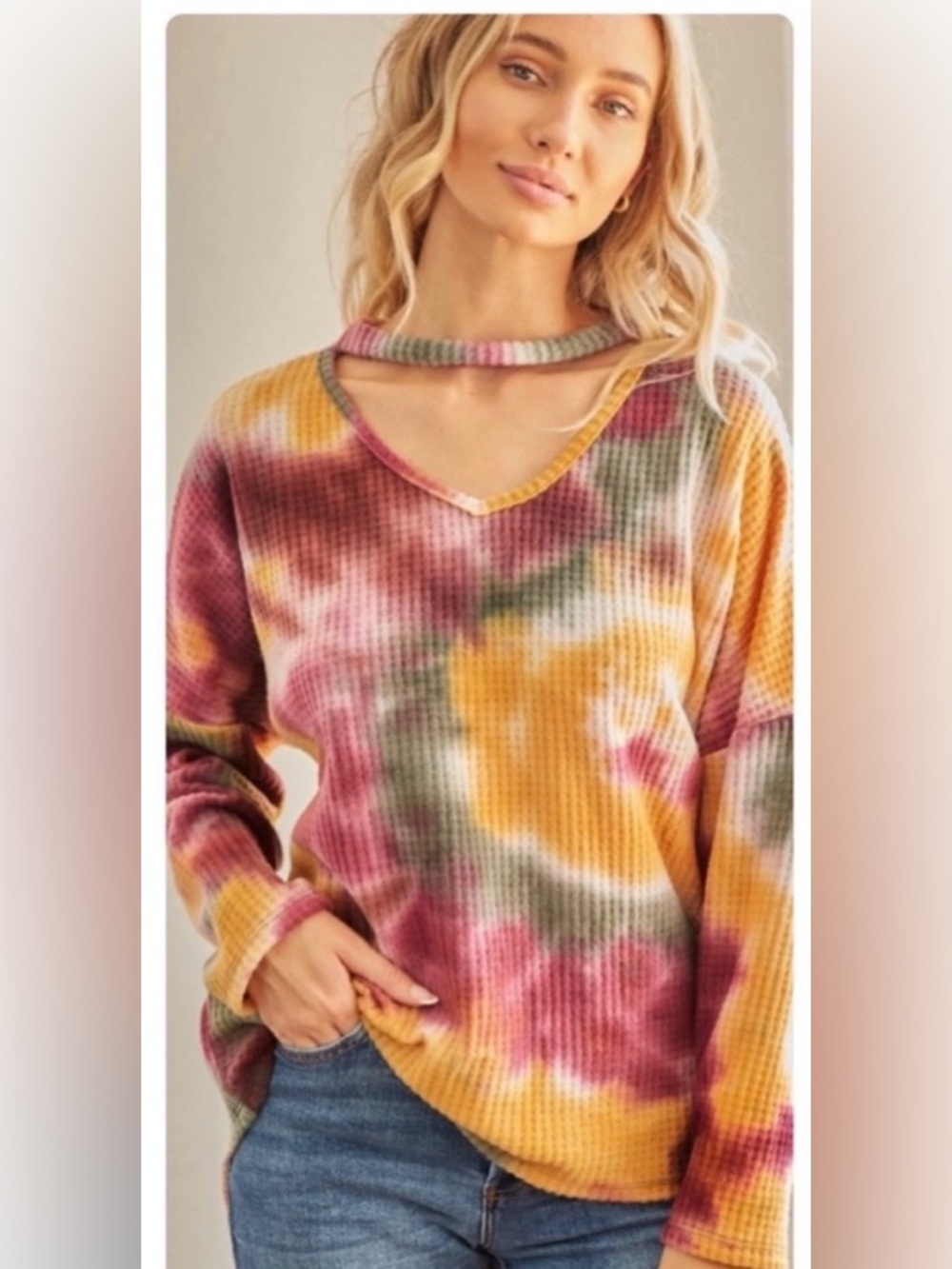 🩷New Tie Dye Thermal Long Sleeve Top With Choke Style Neckline🩷
